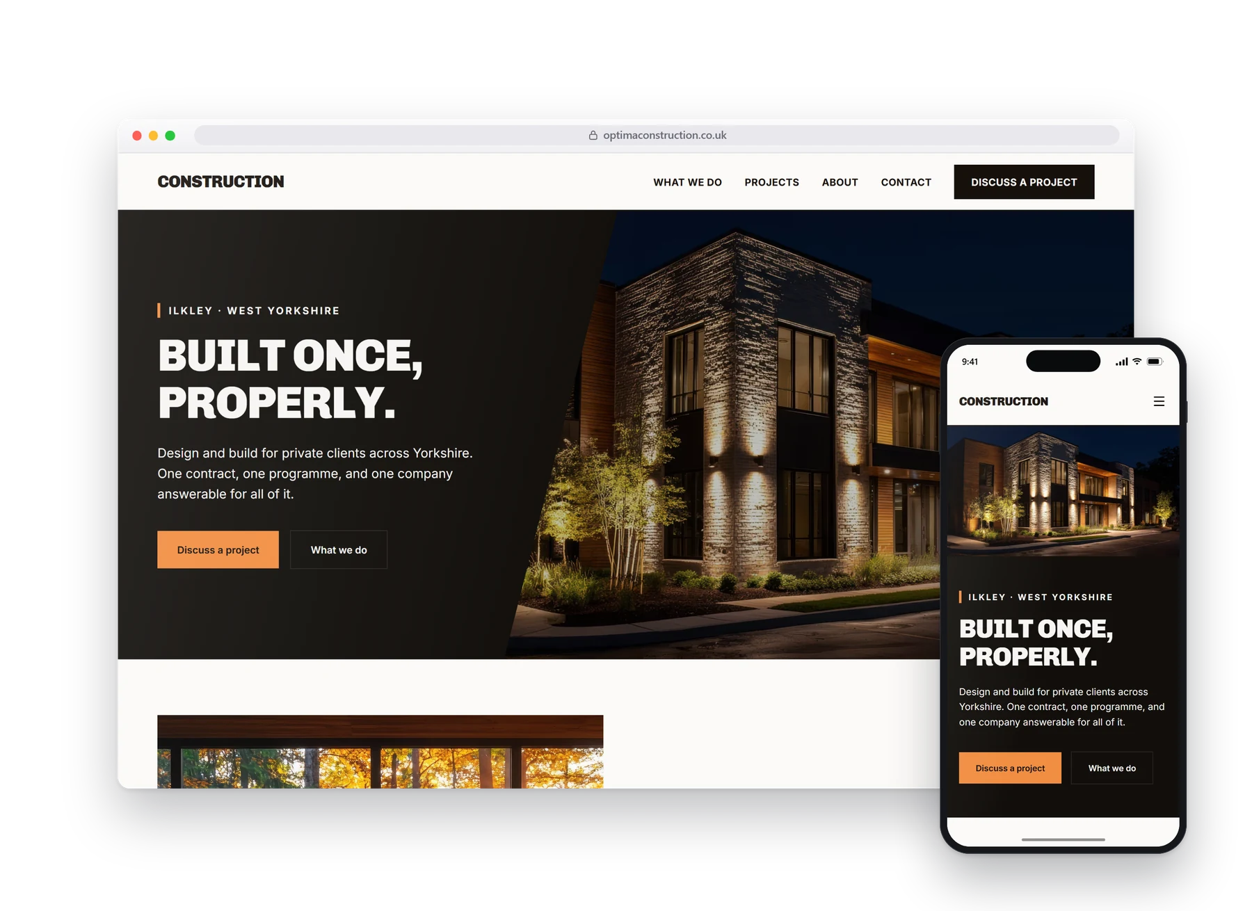 An Optima showroom build for a builder, on a desktop browser with a phone beside it